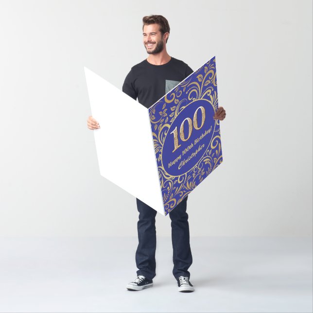 100th Birthday Navy Blue and Gold Floral Pattern Card (In Situ)