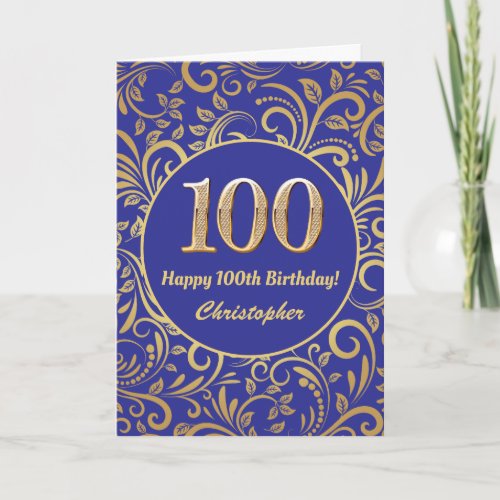 100th Birthday Navy Blue and Gold Floral Pattern