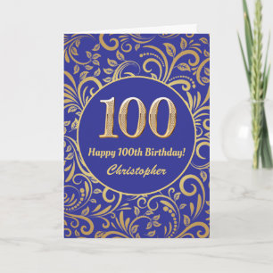 100th Birthday Navy Blue and Gold Floral Pattern Card