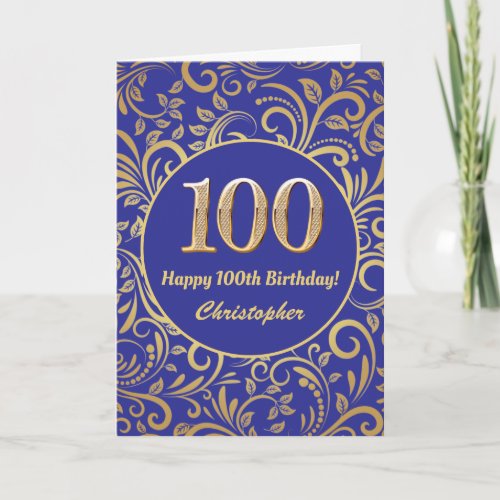 100th Birthday Navy Blue and Gold Floral Pattern Card