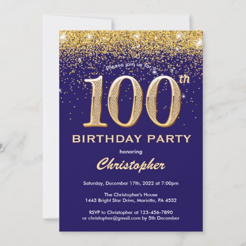 100th Birthday Navy Blue and Gold Glitter Confetti Invitation