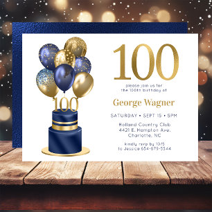 100th Birthday Navy Blue Balloon Cake Invitation