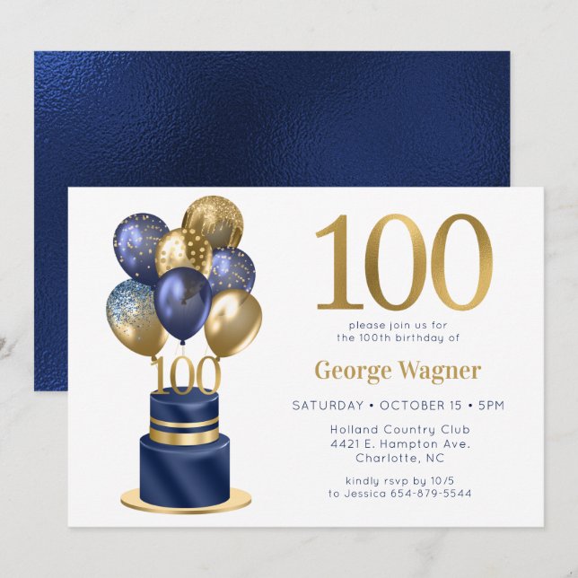 100th Birthday Navy Blue Balloon Cake Invitation (Front/Back)