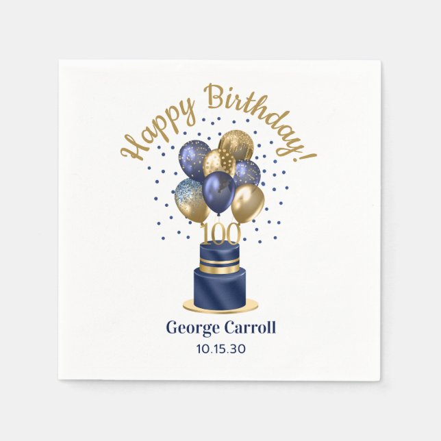 100th Birthday Navy Blue Balloon Cake Napkins (Front)