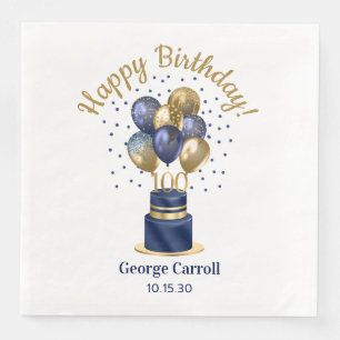 100th Birthday Navy Blue Balloon Cake Paper Dinner Napkins