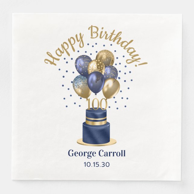 100th Birthday Navy Blue Balloon Cake Paper Dinner Napkins (Front)