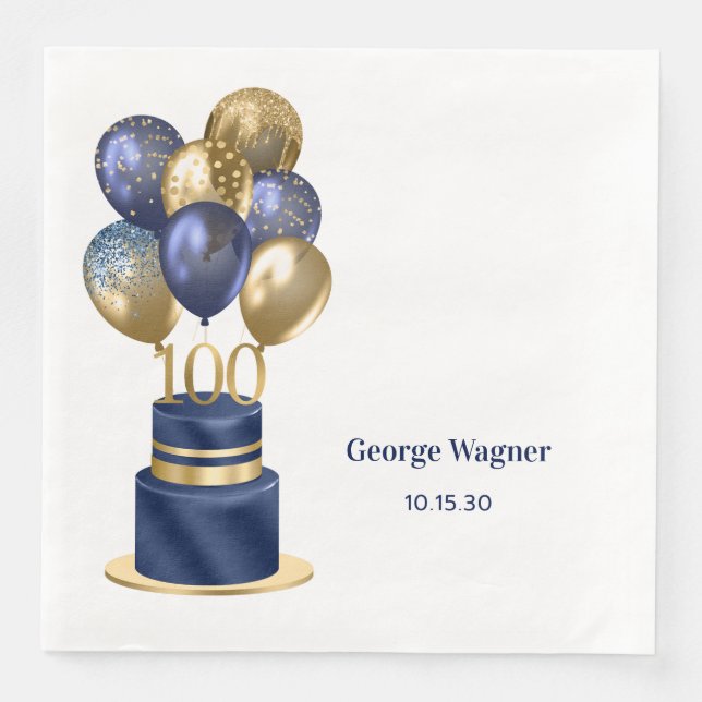 100th Birthday Navy Blue Balloon Cake Paper Dinner Napkins (Front)