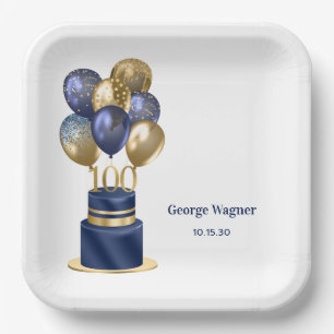 100th Birthday Navy Blue Balloon Cake Paper Plates