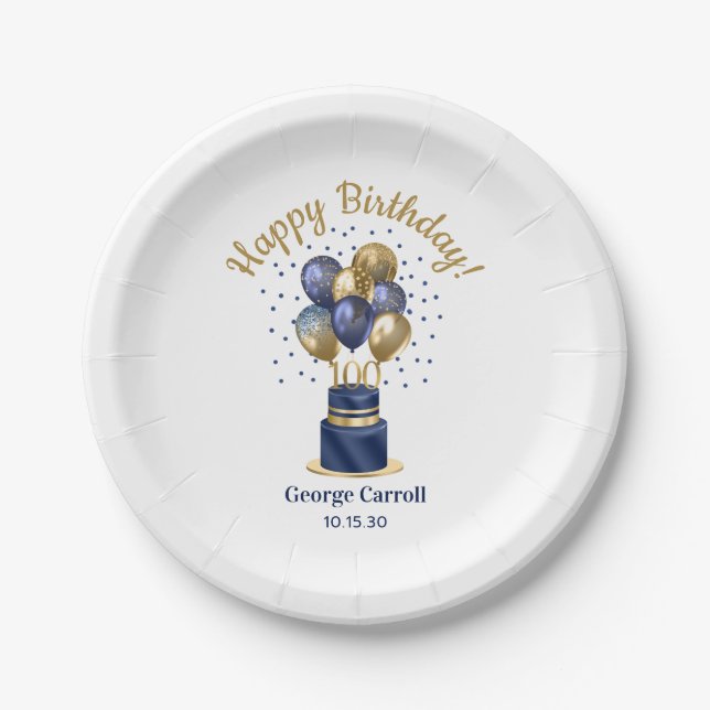 100th Birthday Navy Blue Balloon Cake Paper Plates (Front)