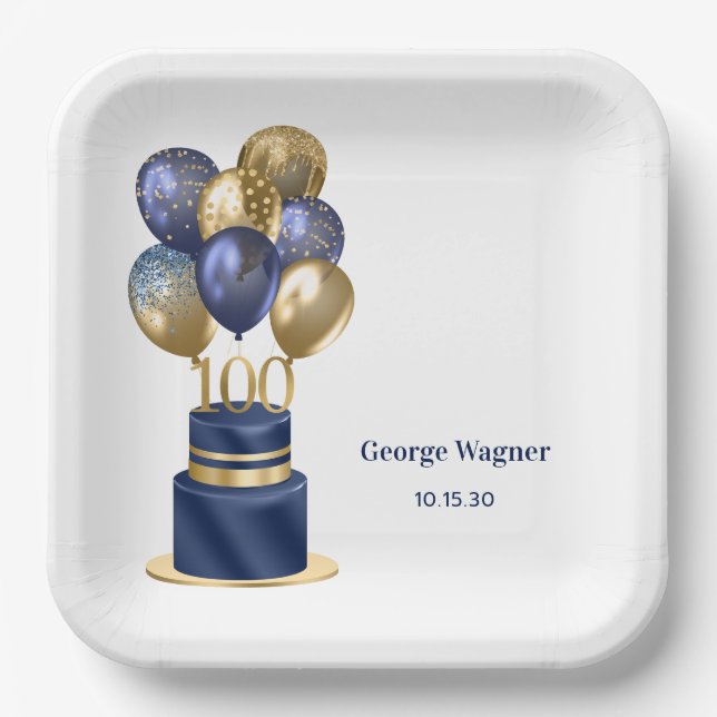 100th Birthday Navy Blue Balloon Cake Paper Plates (Front)