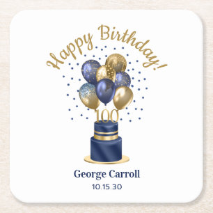 100th Birthday Navy Blue Balloon Cake Square Paper Coaster