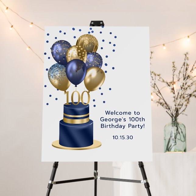 100th Birthday Navy Blue Balloon Cake Welcome Foam Board (In Situ (Stand))