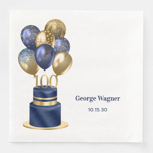 100th Birthday Navy Blue Cake Paper Dinner Napkins