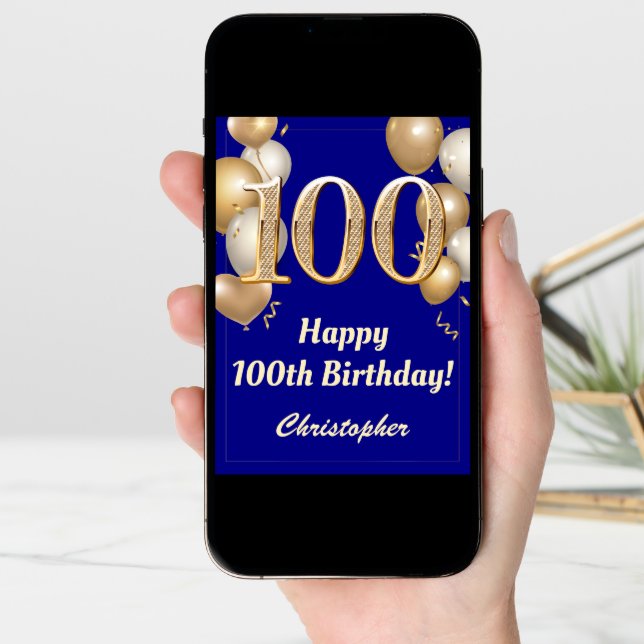 100th Birthday Navy Blue Gold Balloons Confetti Card (Front Digital)