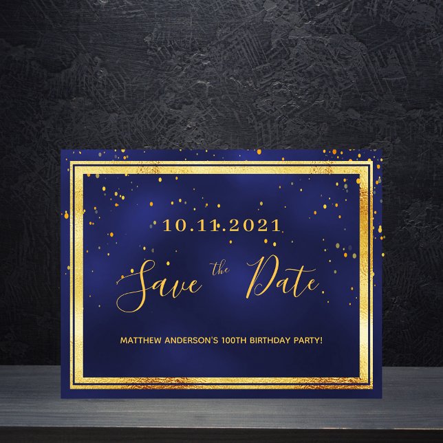100th birthday navy blue gold save the date postcard (Creator Uploaded)