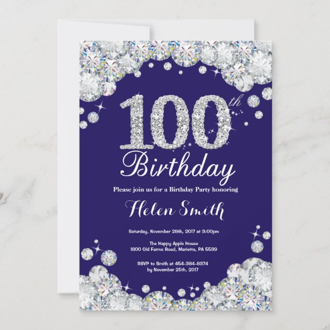 100th Birthday Navy Blue Silver Diamond Invitation (Front)