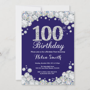 100th Birthday Navy Blue Silver Diamond Invitation