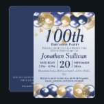 100th Birthday Navy Gold Balloons Party Invitation<br><div class="desc">A stylish 100th birthday Party Invitation . Design features navy blue and gold balloons, Gold glittery starts and navy blue text all on a pale blue gradient background. A lovely design inviting your guests to join you for a 100th birthday party celebration. Easy to customize with your own party details....</div>