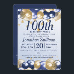 100th Birthday Navy Gold Balloons Party Invitation<br><div class="desc">A stylish 100th birthday Party Invitation . Design features navy blue and gold balloons, Gold glittery starts and navy blue text all on a pale blue gradient background. A lovely design inviting your guests to join you for a 100th birthday party celebration. Easy to customize with your own party details....</div>