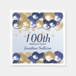 100th Birthday Navy Gold Balloons Party Napkins