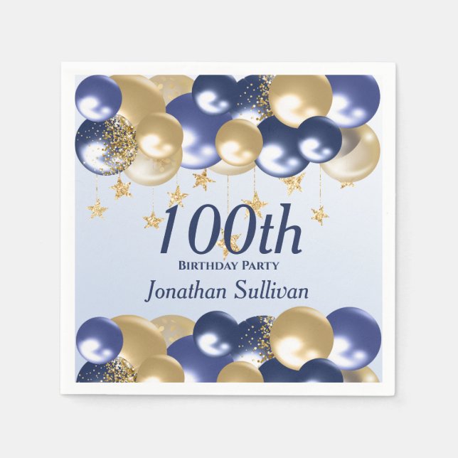 100th Birthday Navy Gold Balloons Party Napkins (Front)