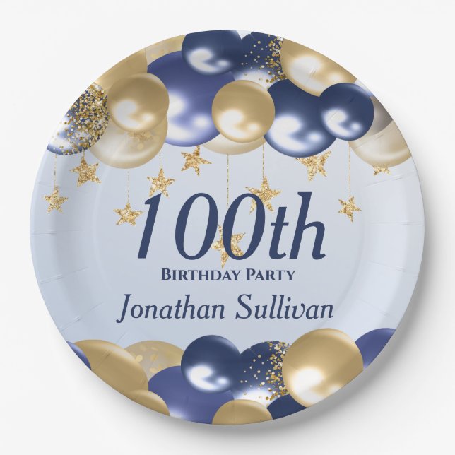 100th Birthday Navy Gold Balloons Party Paper Plates (Front)