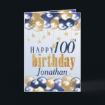 100th Birthday Navy Gold Glitter  Card<br><div class="desc">A stylish 100th Happy birthday age card. This beautiful card features gold and navy balloons. Can be customize for any age and personalized by amending the name and the message inside which currently reads "Congratulations on this amazing milestone. May this day be filled with sunshine and smiles, laughter and love....</div>