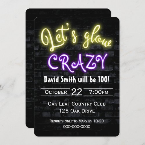 100th Birthday Neon Glow Sign on Brick  Invitation