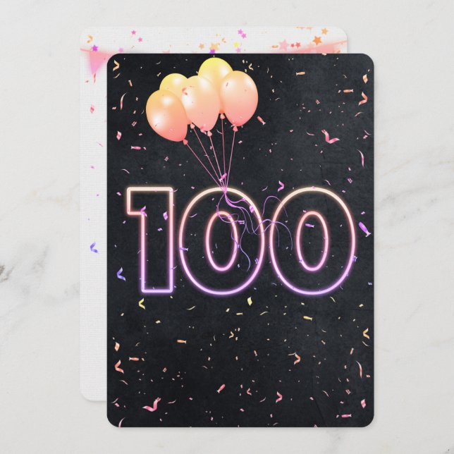 100th Birthday Neon Sign On Black Invitation (Front/Back)