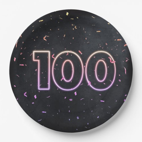 100th Birthday Neon Sign On Black Paper Plate