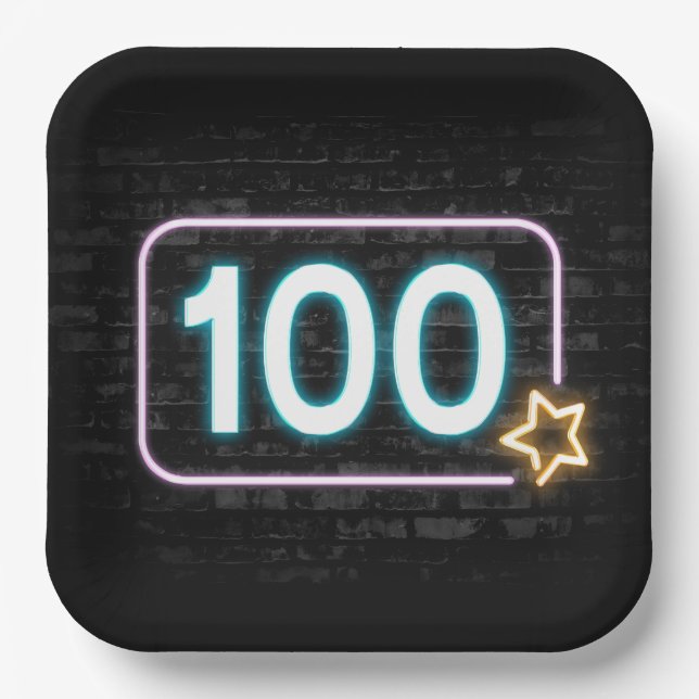 100th Birthday Neon Sign On Brick   Paper Plates (Front)