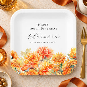 100th Birthday November Birth Flower Chrysanthemum Paper Plates