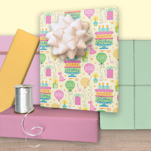 100th Birthday Number Candles Cake Balloon Wrapping Paper Sheets