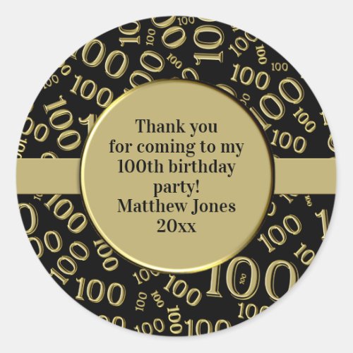 100th Birthday Number Pattern BlackGold Classic Round Sticker