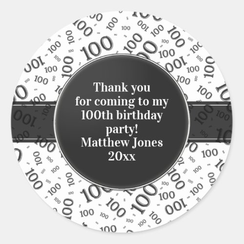 100th Birthday Number Pattern BlackWhite Classic Round Sticker