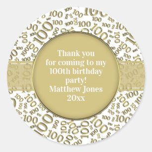 100th Birthday Number Pattern Gold/White Classic Round Sticker