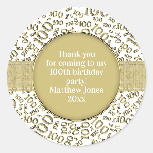 100th Birthday Number Pattern Gold/White Classic Round Sticker (Front)