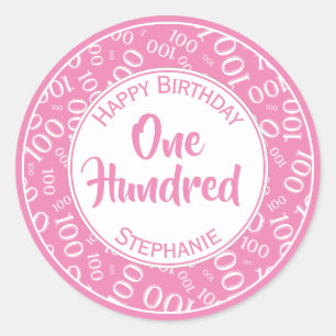 100th Birthday Number Pattern Pink/White 100 Classic Round Sticker