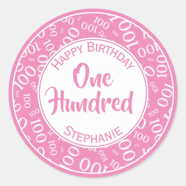 100th Birthday Number Pattern Pink/White 100 Classic Round Sticker (Front)