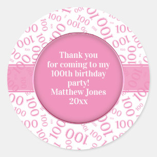 100th Birthday Number Pattern Pink/White Classic Round Sticker