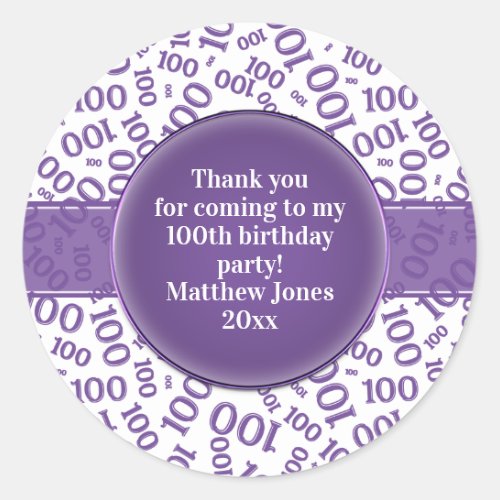 100th Birthday Number Pattern PurpleWhite Classic Round Sticker