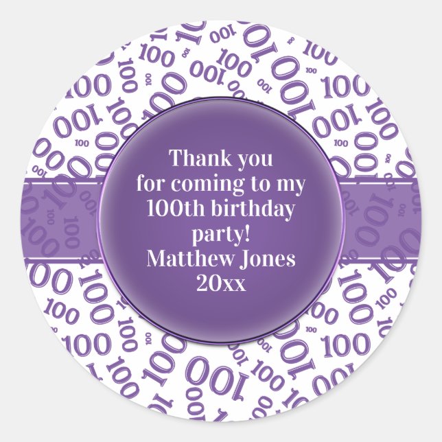 100th Birthday Number Pattern Purple/White Classic Round Sticker (Front)
