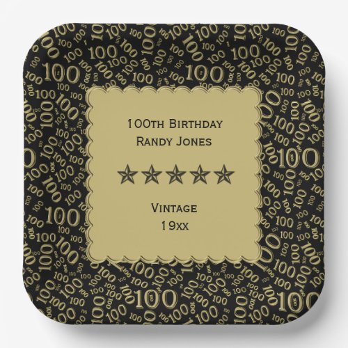 100th Birthday Number Pattern Scallops BlackGold Paper Plates