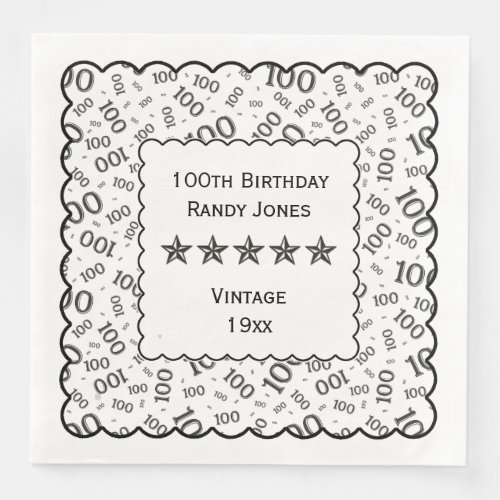 100th Birthday Number Pattern Scallops BlackWhite Paper Dinner Napkins