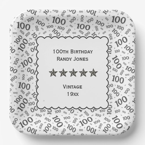 100th Birthday Number Pattern Scallops BlackWhite Paper Plates