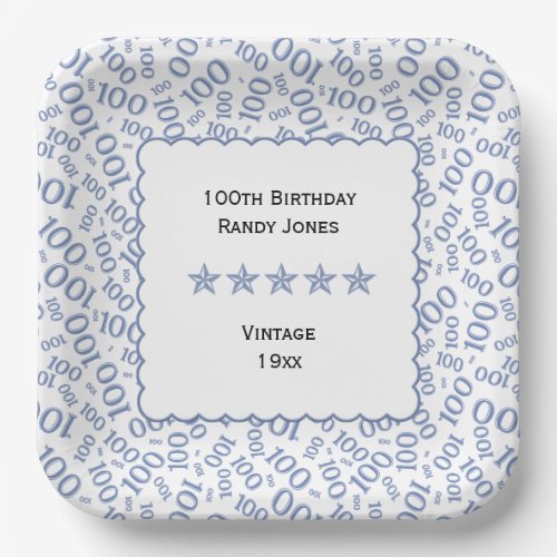 100th Birthday Number Pattern Scallops BlueWhite Paper Plates