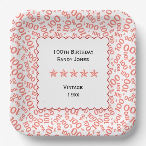 100th Birthday Number Pattern Scallops CoralWhite Paper Plates