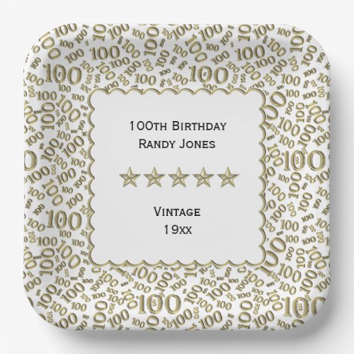 100th Birthday Number Pattern Scallops GoldWhite Paper Plates