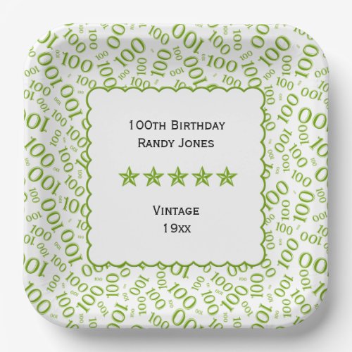 100th Birthday Number Pattern Scallops GreenWhite Paper Plates