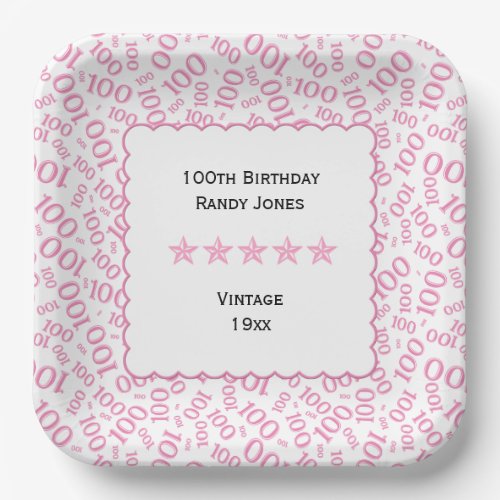 100th Birthday Number Pattern Scallops PinkWhite Paper Plates